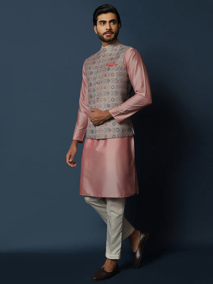 Grey Printed Silk Blend Nehru Jacket Kurta Trouser Set