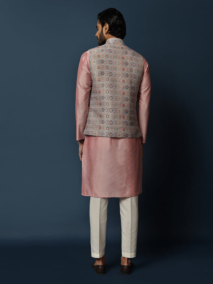 Grey Printed Silk Blend Nehru Jacket Kurta Trouser Set