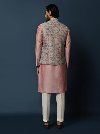 Grey Printed Silk Blend Nehru Jacket Kurta Trouser Set