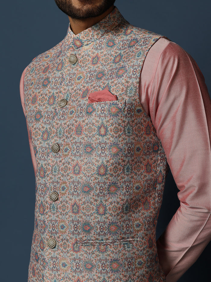 Grey Printed Silk Blend Nehru Jacket Kurta Trouser Set