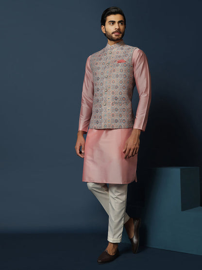 Grey Printed Silk Blend Nehru Jacket Kurta Trouser Set