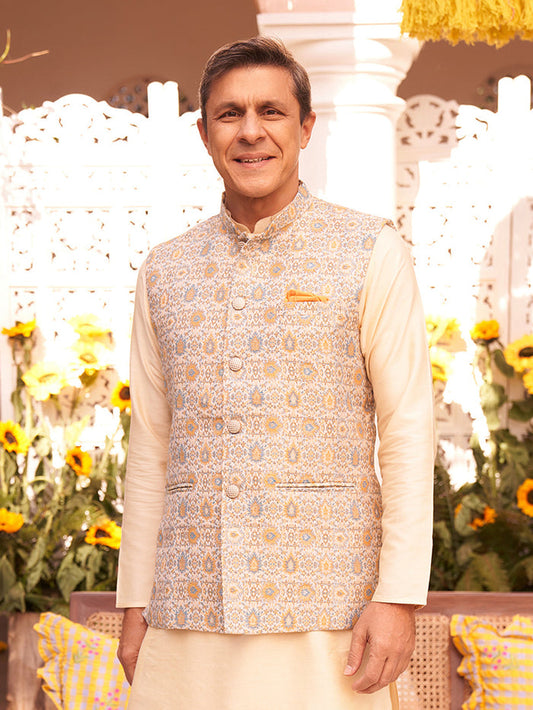 Grey Silk Blend Jacquard Nehru Jacket