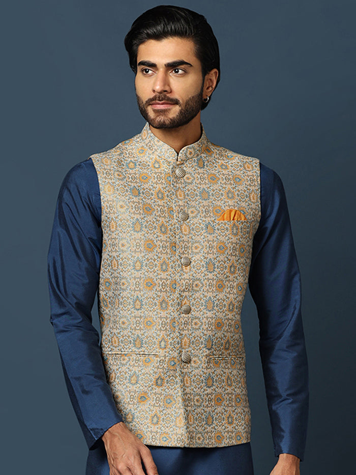 Grey Silk Blend Jacquard Nehru Jacket
