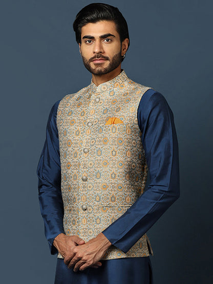 Grey Silk Blend Jacquard Nehru Jacket