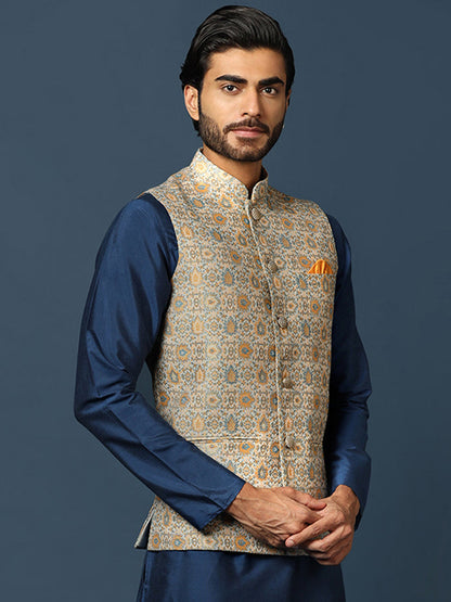 Grey Silk Blend Jacquard Nehru Jacket