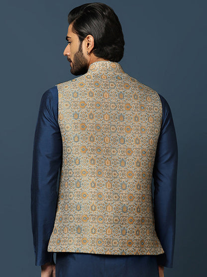 Grey Silk Blend Jacquard Nehru Jacket