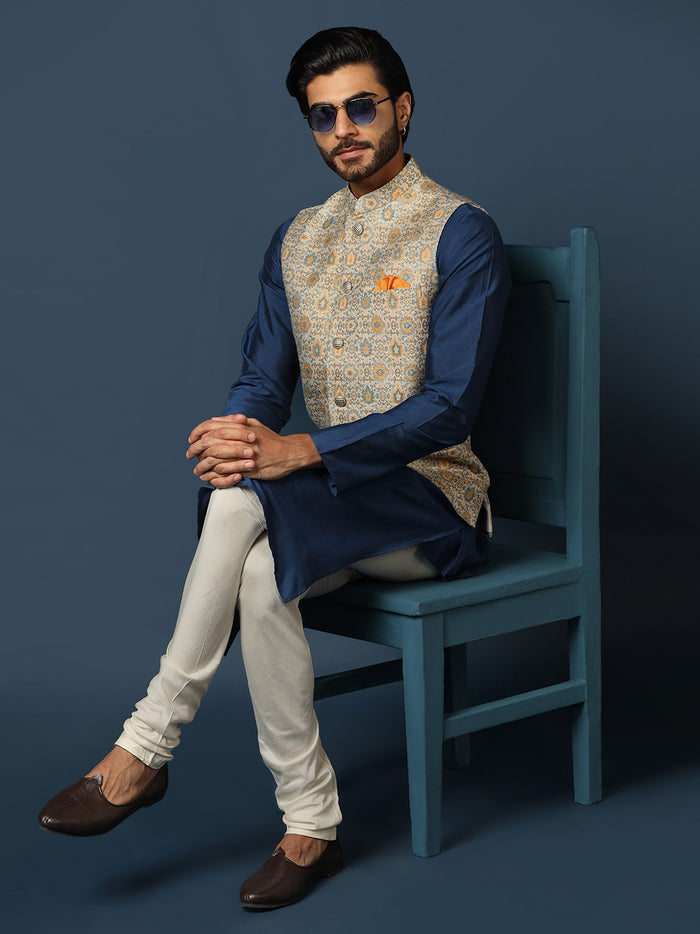 Grey Silk Blend Jacquard Nehru Jacket