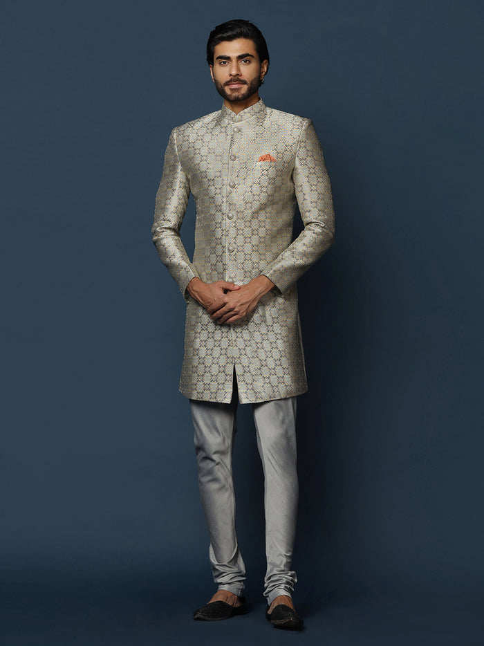 Grey Silk Blend Jacquard Sherwani with Churidar