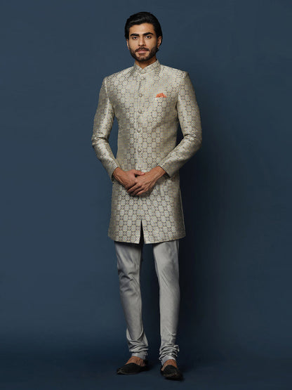 Grey Silk Blend Jacquard Sherwani with Churidar