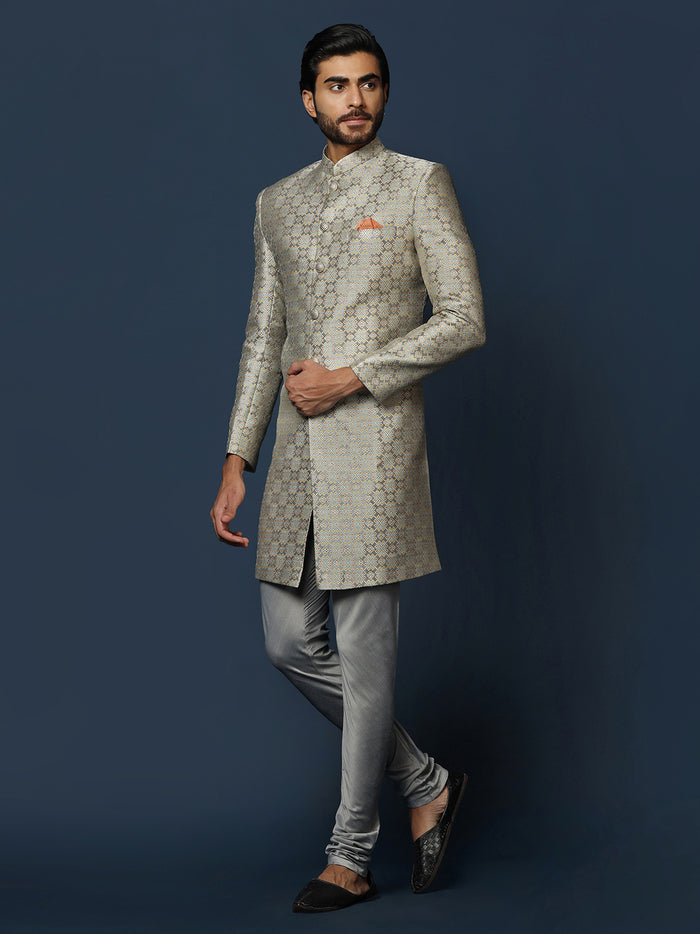 Grey Silk Blend Jacquard Sherwani with Churidar