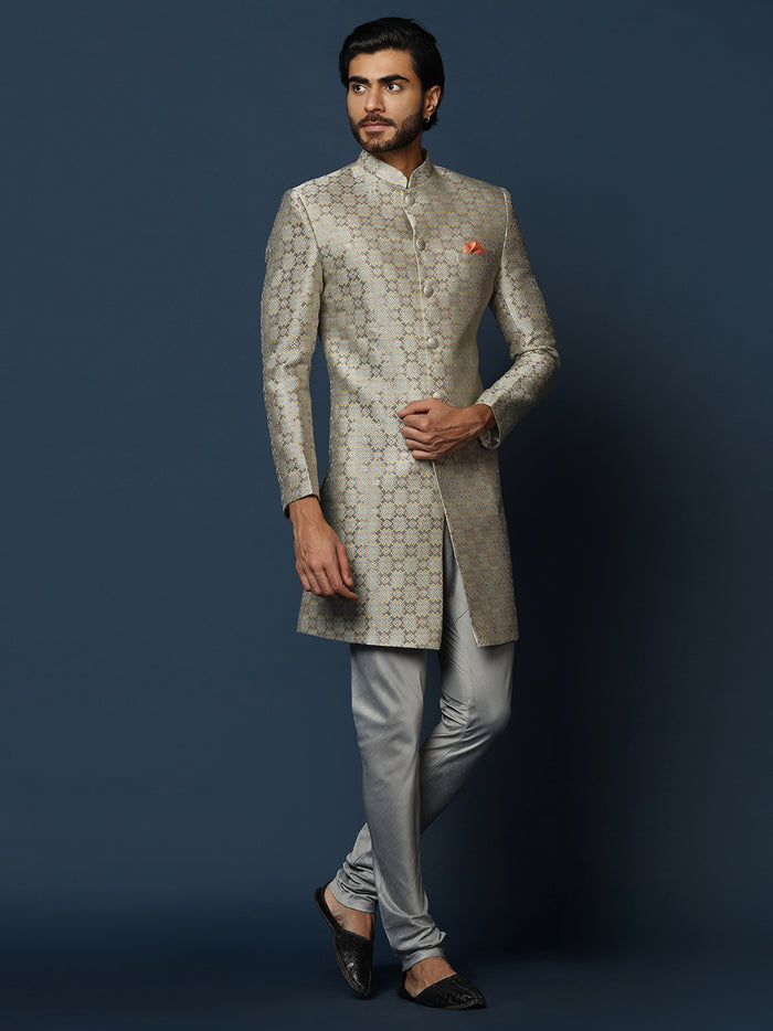 Grey Silk Blend Jacquard Sherwani with Churidar