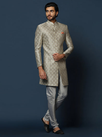 Grey Silk Blend Jacquard Sherwani with Churidar