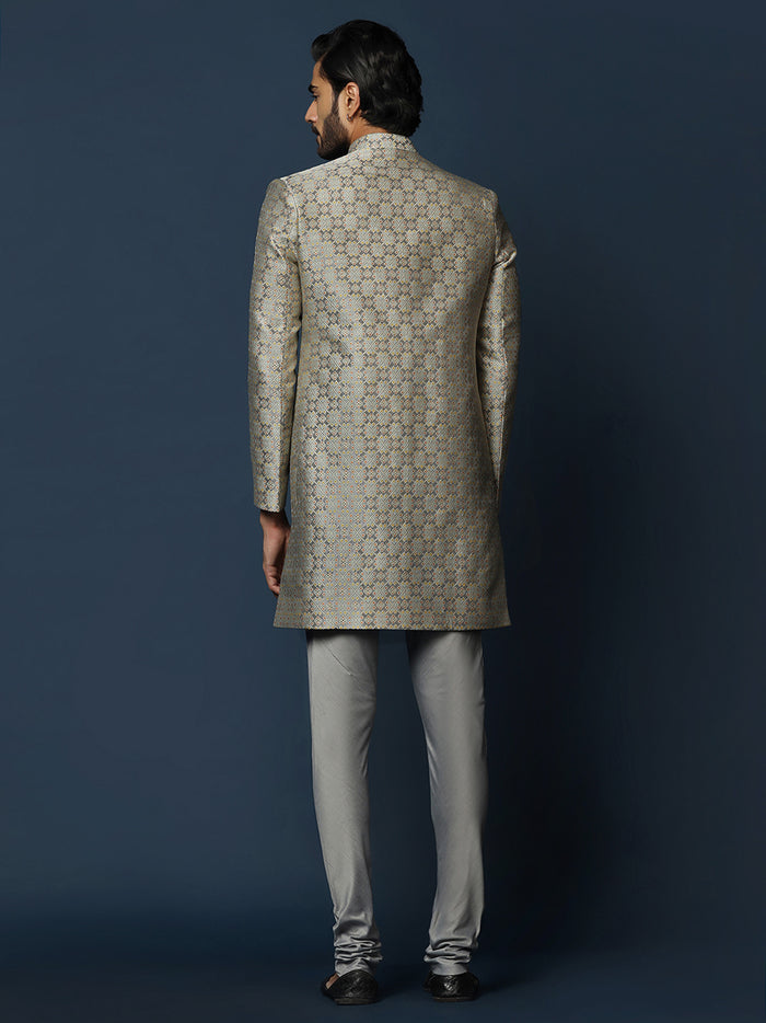 Grey Silk Blend Jacquard Sherwani with Churidar