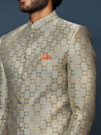 Grey Silk Blend Jacquard Sherwani with Churidar