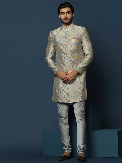 Grey Silk Blend Jacquard Sherwani with Churidar