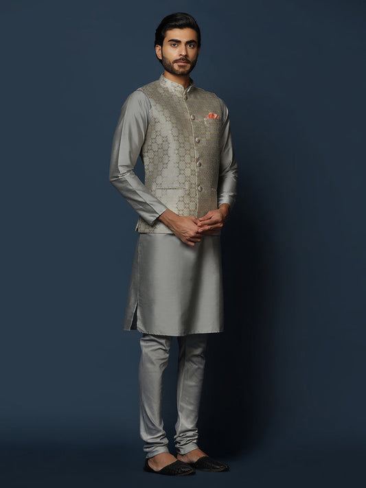 Grey Silk Blend Textured Nehru Jacket Kurta Churidar
