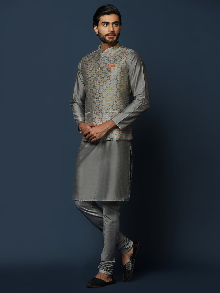 Grey Silk Blend Textured Nehru Jacket Kurta Churidar