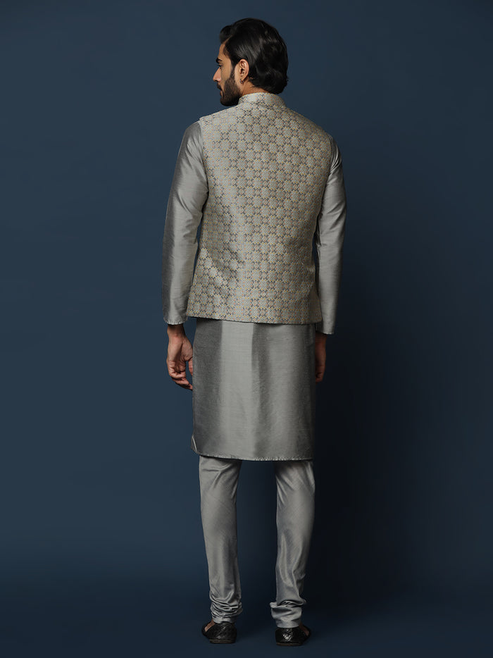 Grey Silk Blend Textured Nehru Jacket Kurta Churidar