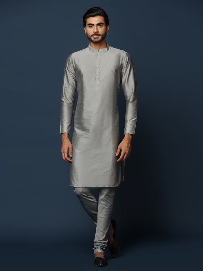 Grey Silk Blend Textured Nehru Jacket Kurta Churidar