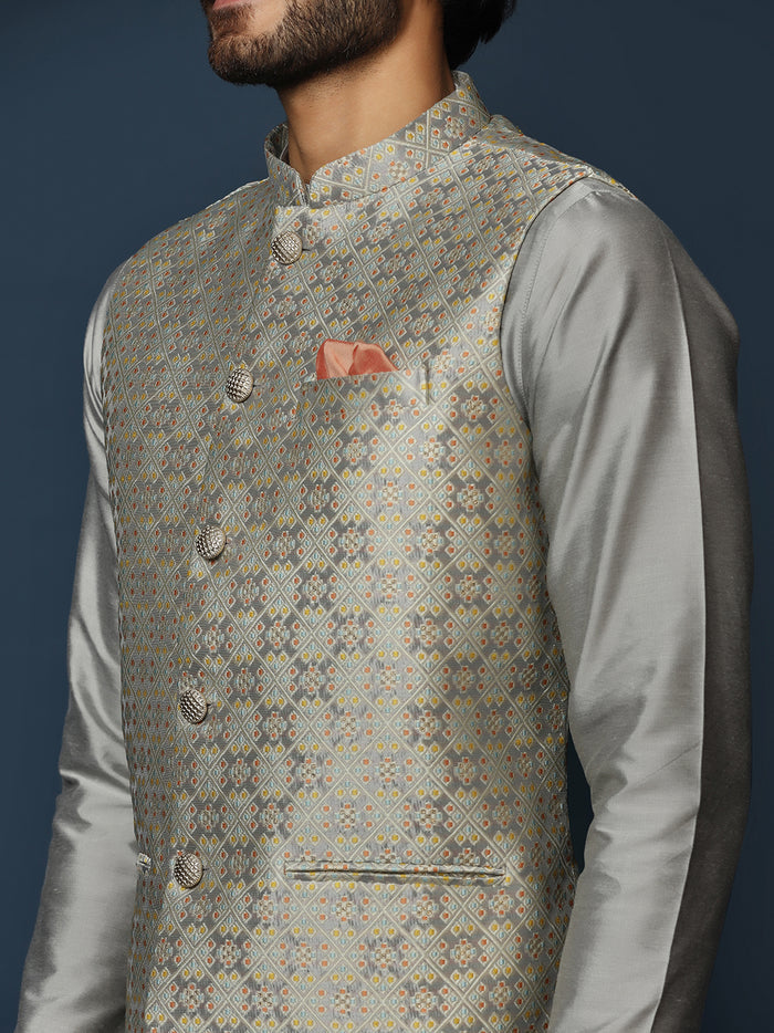 Grey Silk Blend Textured Nehru Jacket Kurta Churidar