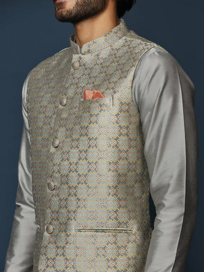 Grey Silk Blend Textured Nehru Jacket Kurta Churidar