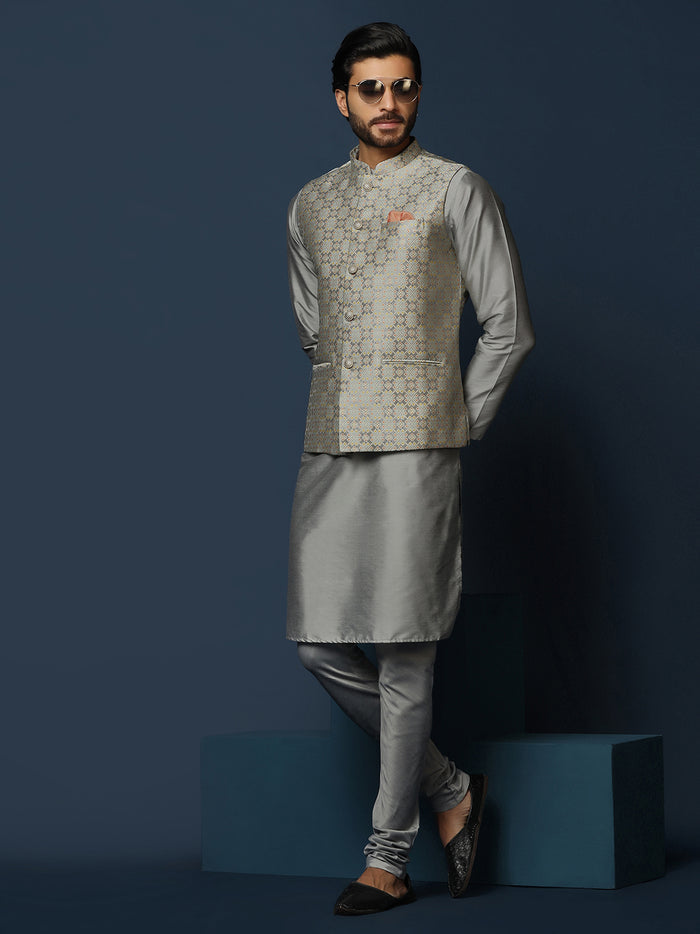 Grey Silk Blend Textured Nehru Jacket Kurta Churidar