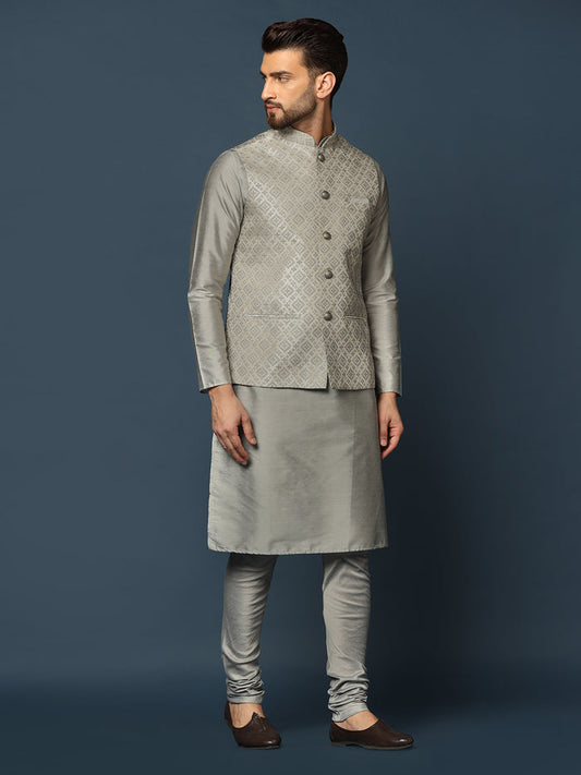 Grey Silk Blend Textured Nehru Jacket Set with Kurta & Churidar