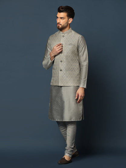 Grey Silk Blend Textured Nehru Jacket Set with Kurta & Churidar