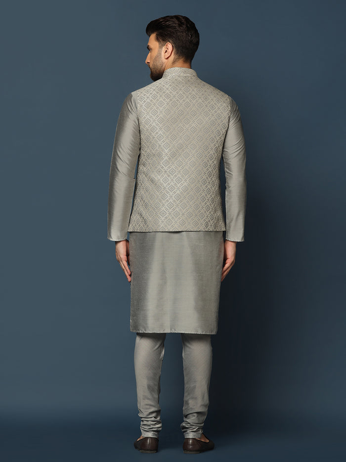 Grey Silk Blend Textured Nehru Jacket Set with Kurta & Churidar