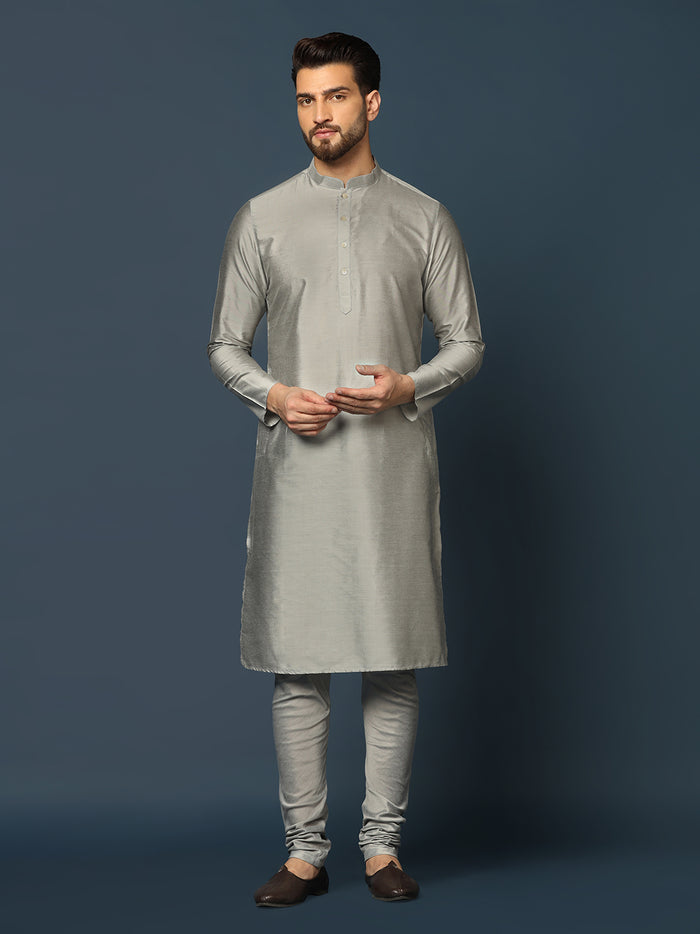 Grey Silk Blend Textured Nehru Jacket Set with Kurta & Churidar