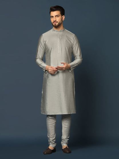 Grey Silk Blend Textured Nehru Jacket Set with Kurta & Churidar