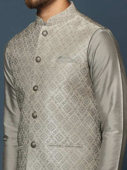 Grey Silk Blend Textured Nehru Jacket Set with Kurta & Churidar