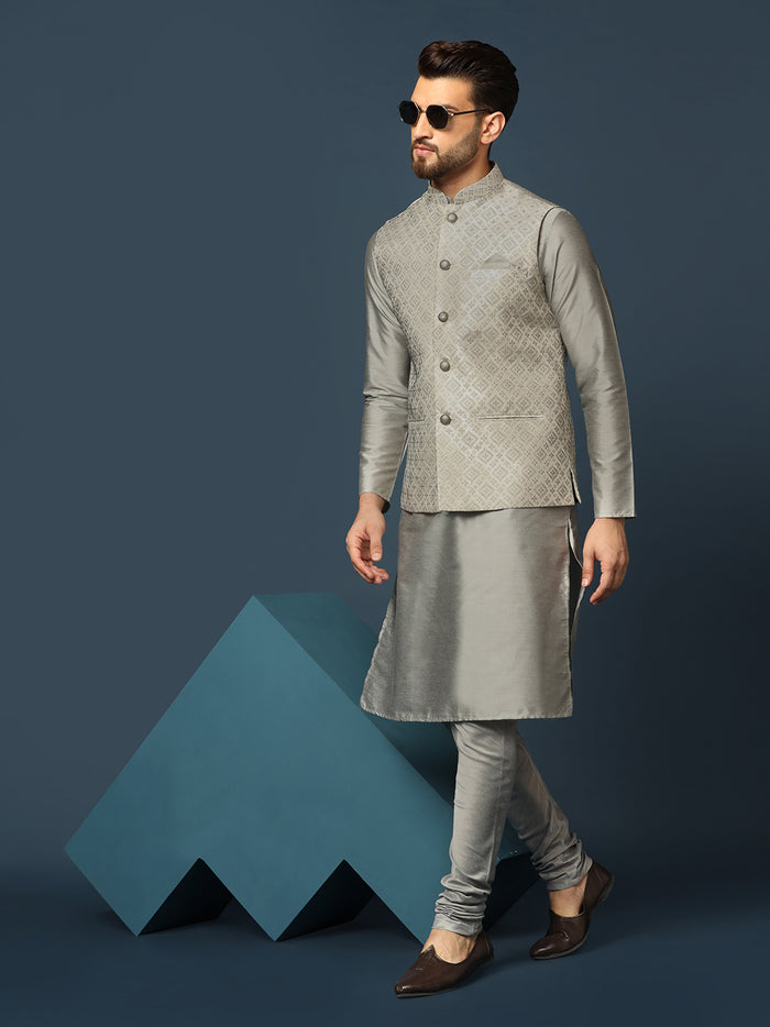 Grey Silk Blend Textured Nehru Jacket Set with Kurta & Churidar