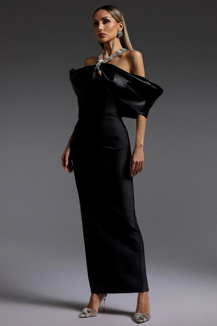 Halle Elegant Black Off-Shoulder Maxi Dress