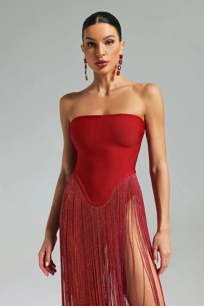Hallee Red Fringe Glam Gown