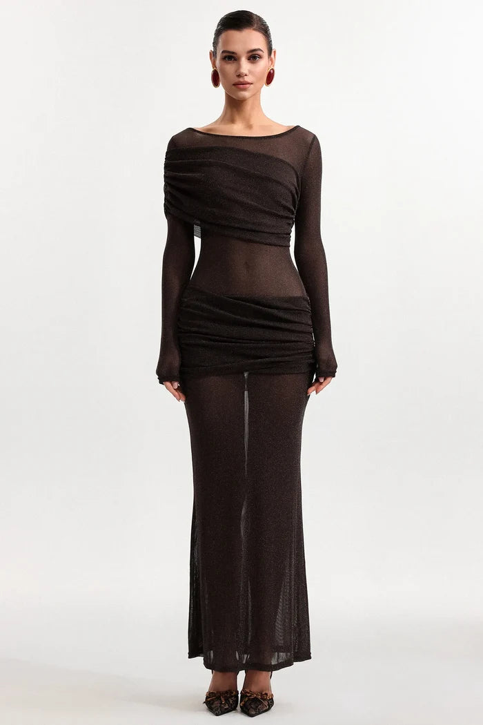 Henley Sheer Ruched Mesh Maxi Dress
