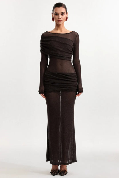Henley Sheer Ruched Mesh Maxi Dress