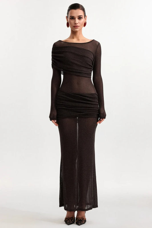 Henley Sheer Ruched Mesh Maxi Dress