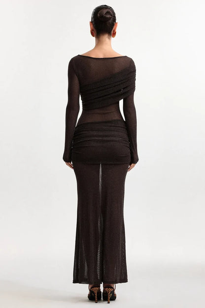 Henley Sheer Ruched Mesh Maxi Dress
