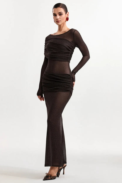 Henley Sheer Ruched Mesh Maxi Dress