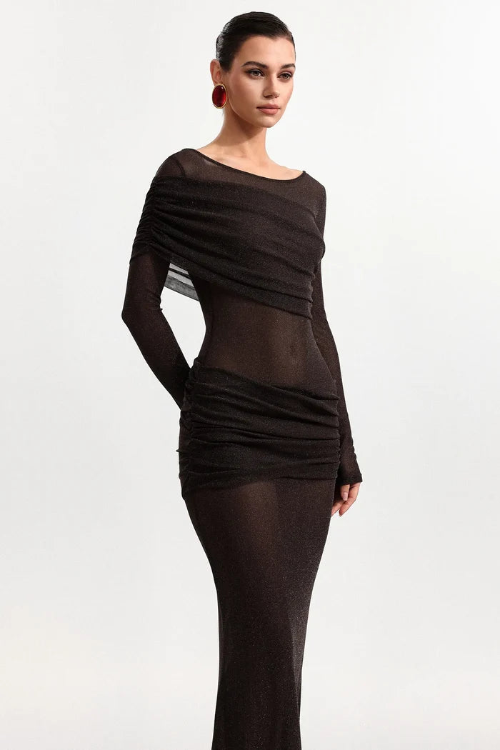 Henley Sheer Ruched Mesh Maxi Dress