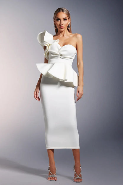 Héva One-Shoulder Ruffle Midi Dress