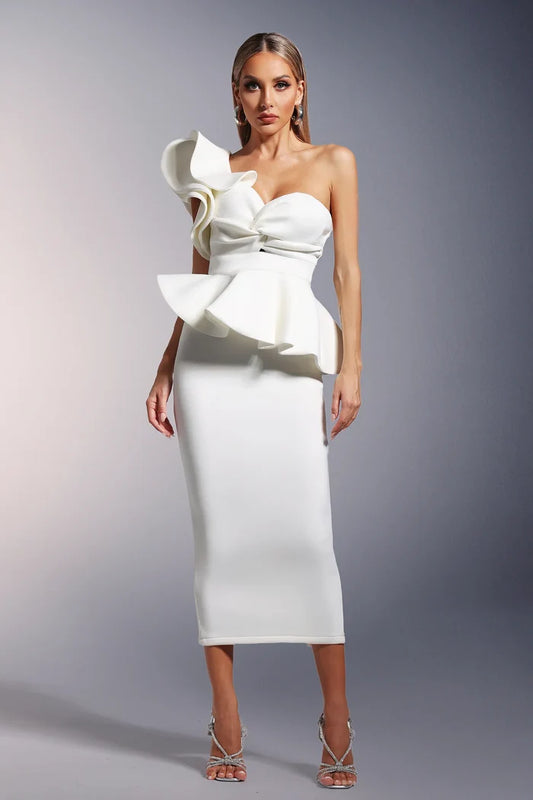 Héva One-Shoulder Ruffle Midi Dress