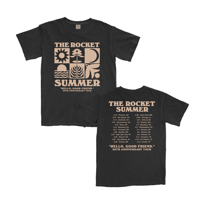The Rocket Summer Hello, Good Friend. 20th Anniversary Tour black Comfort Colors tee—soft ring-spun cotton with abstract tan art and tour name on front; tan tour dates and cities on back.