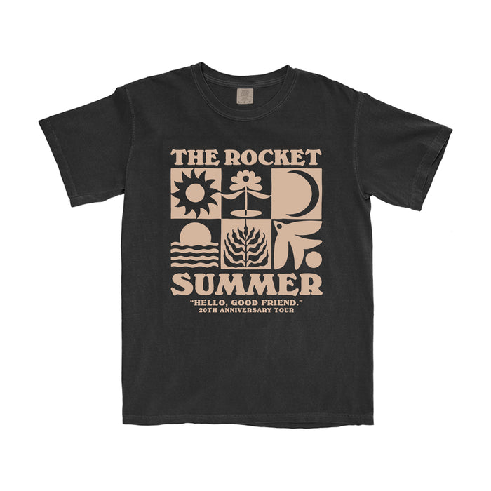 The Rocket Summer black T-shirt features beige graphic blocks—sun, flower, wave, bird, plant, eye—on soft ring-spun cotton for a relaxed fit. Text: The Rocket Summer SUMMER Hello, Good Friend. 20th Anniversary Tour.