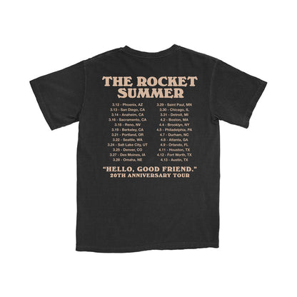 The Rocket Summer black Comfort Colors T-Shirt with 2024 tour dates in tan on the back, made from soft ring-spun cotton and featuring a relaxed fit for the Hello, Good Friend. 20th anniversary tour.
