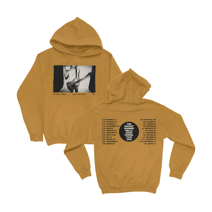 This mustard yellow fleece pullover hoodie by The Rocket Summer features a black-and-white guitarist photo on the front and “The Bright Moment American Dream Tour 2023” dates and cities listed on the back.