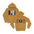 This mustard yellow fleece pullover hoodie by The Rocket Summer features a black-and-white guitarist photo on the front and “The Bright Moment American Dream Tour 2023” dates and cities listed on the back.