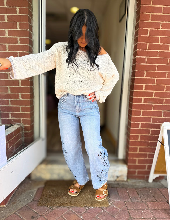 High Rise Barrel Emb Jeans