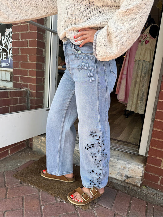 High Rise Barrel Emb Jeans